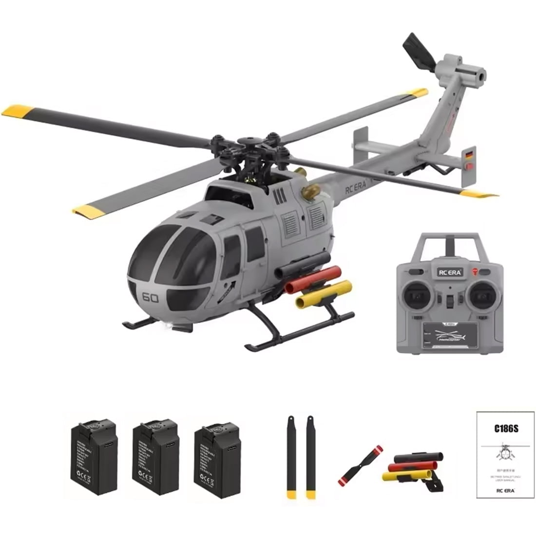 RC-ERA C186S BO105 RC Helicopter 6CH Brushless 2.4GHz Remote Control Aircraft with Optical Flow Positioning, Altitude Hold, 6 Axis Gyro, One Key Takeoff Landing for Adults - 3 Battrey