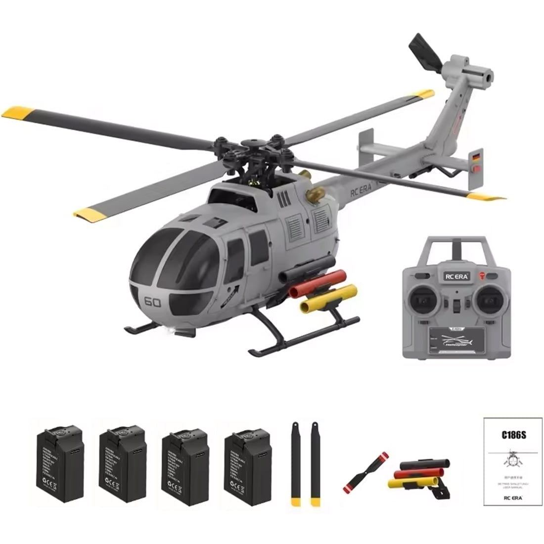 RC-ERA C186S BO105 RC Helicopter 6CH Brushless 2.4GHz Remote Control Aircraft with Optical Flow Positioning, Altitude Hold, 6 Axis Gyro, One Key Takeoff Landing for Adults - 4 Battery