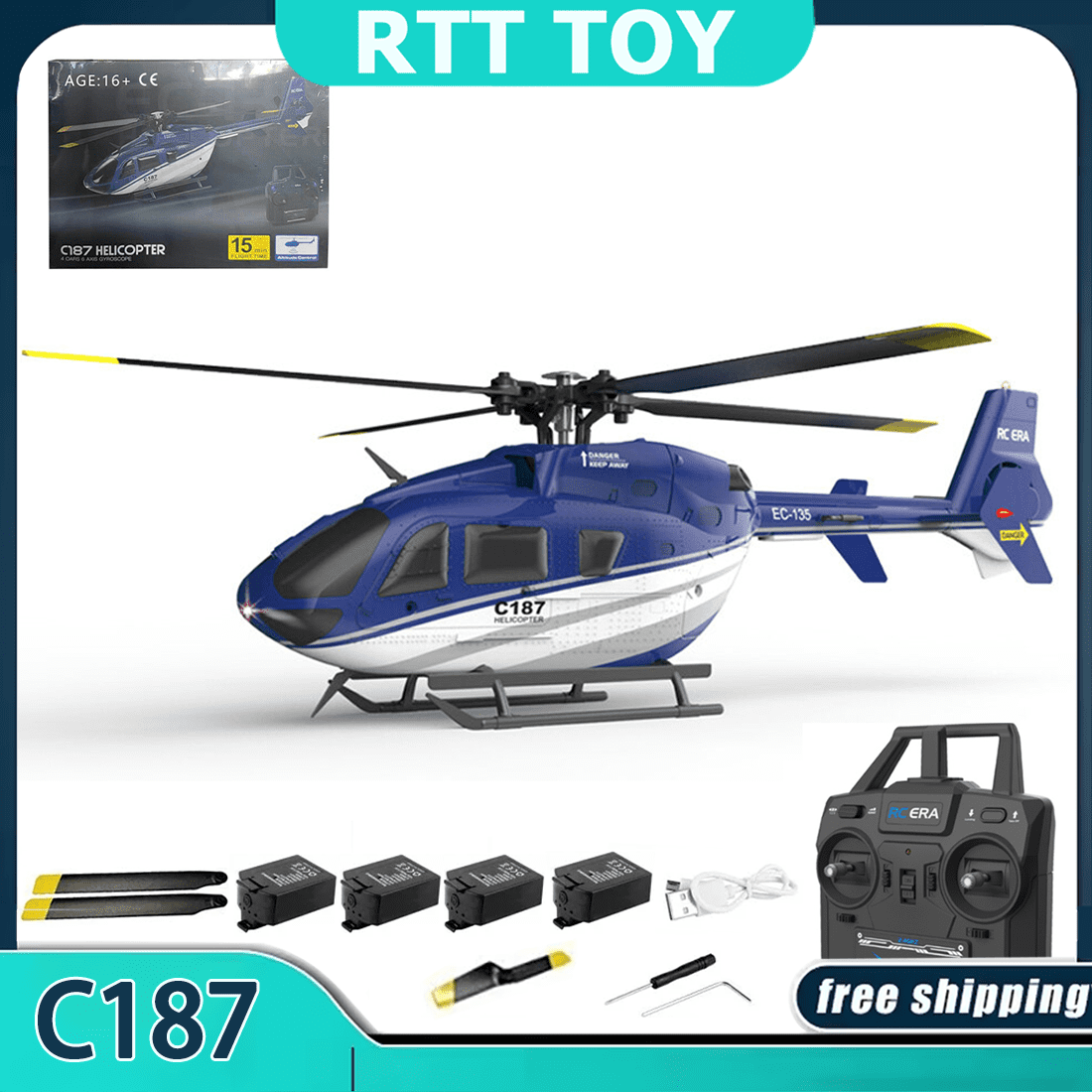 RC ERA C187 EC135 RC Helicopter, 4CH 2.4GHz Single-Rotor Flybarless Remote Control Aircraft 6-Axis Gyro with Optical Flow& Altitude Hold, RTF Beginner Helicopter for Adults & Teens