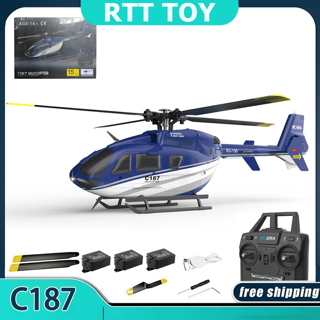 RC ERA C187 EC135 RC Helicopter, 4CH 2.4GHz Single-Rotor Flybarless Remote Control Aircraft 6-Axis Gyro with Optical Flow& Altitude Hold, RTF Beginner Helicopter for Adults & Teens
