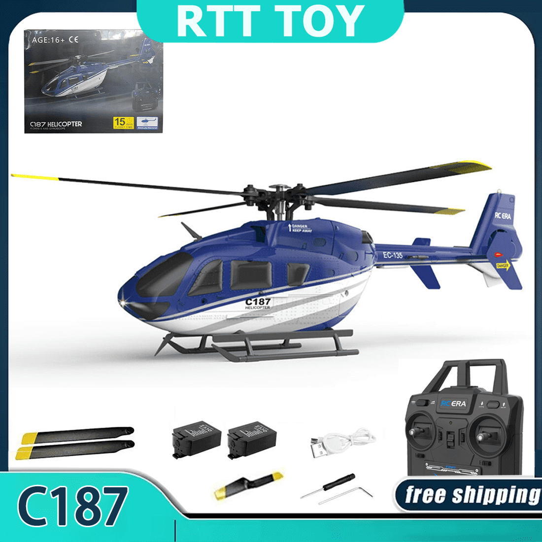 RC ERA C187 EC135 RC Helicopter, 4CH 2.4GHz Single-Rotor Flybarless Remote Control Aircraft 6-Axis Gyro with Optical Flow& Altitude Hold, RTF Beginner Helicopter for Adults & Teens
