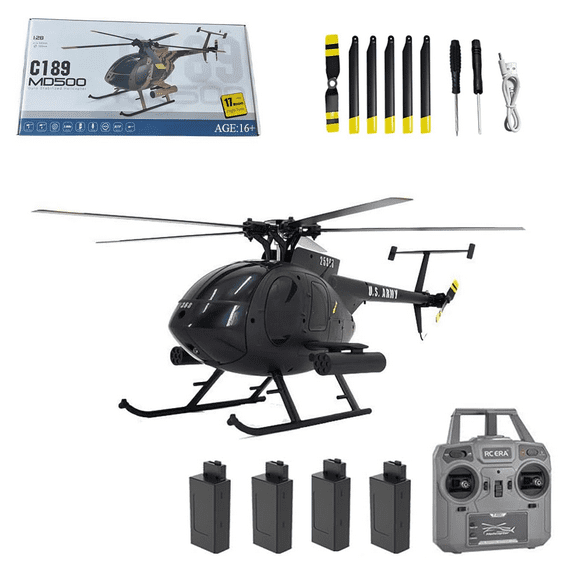 RC-ERA C189 MD500 Little Bird RC Helicopter 4CH 2.4G Brushless Aircraft with Altitude Hold, Optical Flow Option, 6 Axis Gyro, One Key Takeoff Landing, RTF for Adult Beginners - 4 Battery