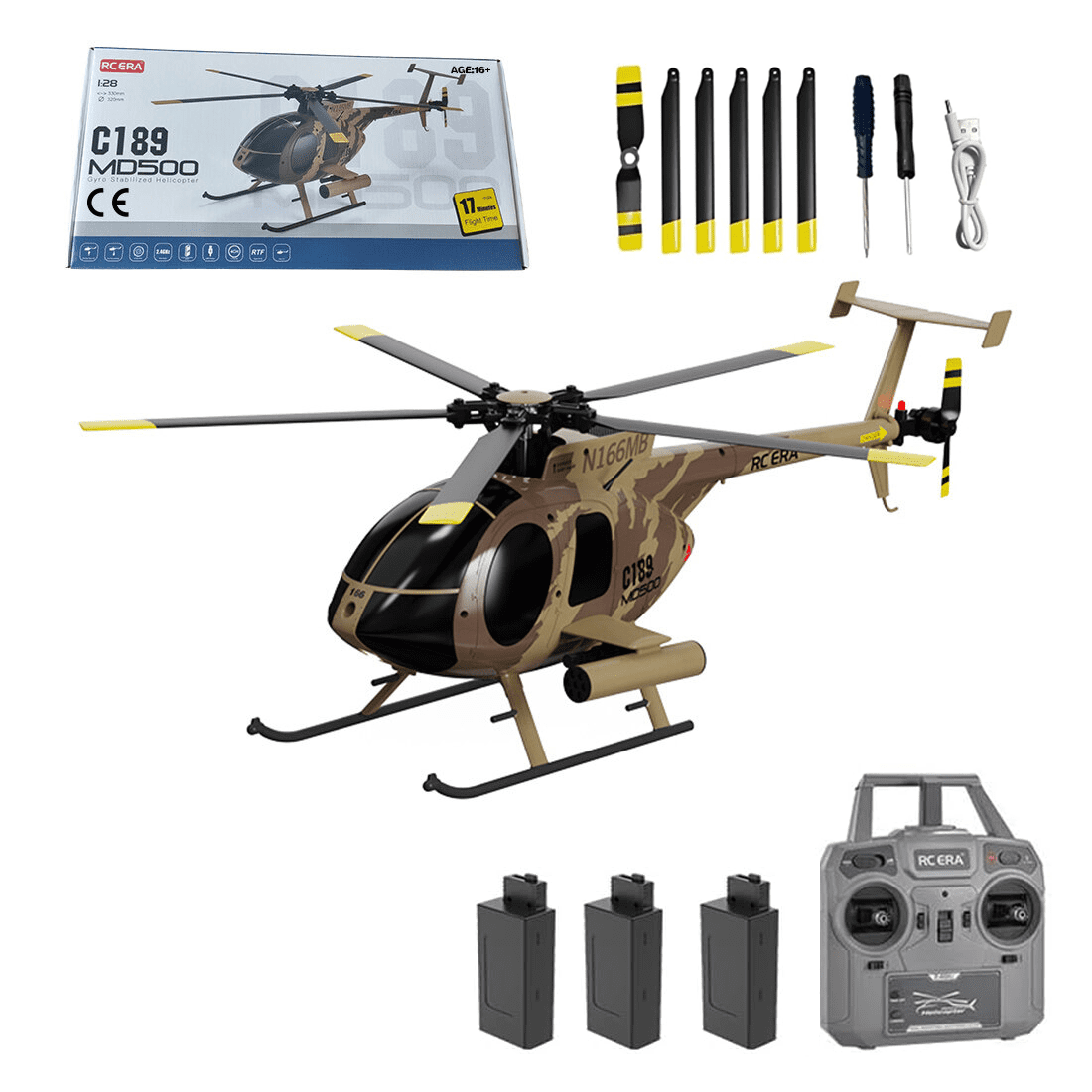 RC ERA C189 RC Helicopter with 6-Axis Gyro, 1:28 Scale MD500 4CH Single-Rotor Flybarless Helicopter, 2.4GHz RC Aircraft with Optical Flow & Altitude Hold for Adults