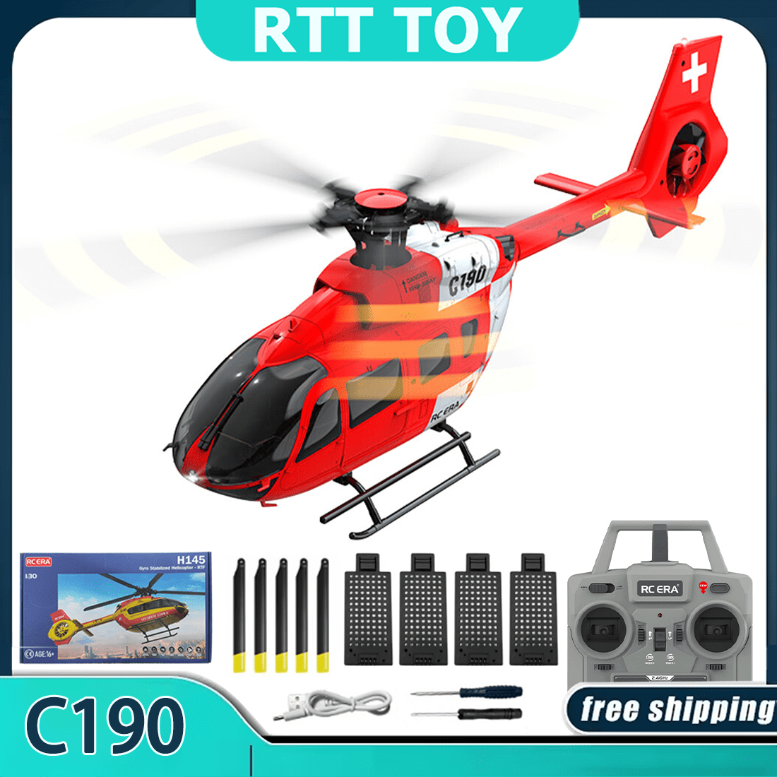 RC ERA C190 RC Helicopter with 6-Axis Gyro, 1/30 Scale H145 6CH Brushless Dual-Motor Remote Control Helicopter Model, RTF Single-Rotor Aircraft with Altitude Hold & Optical Flow