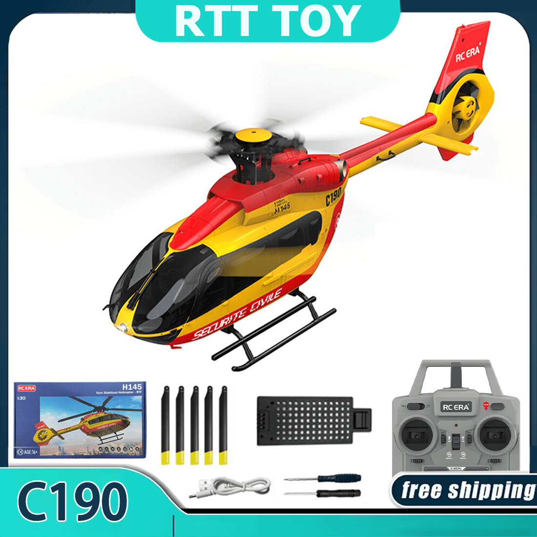 RC ERA C190 RC Helicopter with 6-Axis Gyro, 1/30 Scale H145 6CH Brushless Dual-Motor Remote Control Helicopter Model, RTF Single-Rotor Aircraft with Altitude Hold & Optical Flow