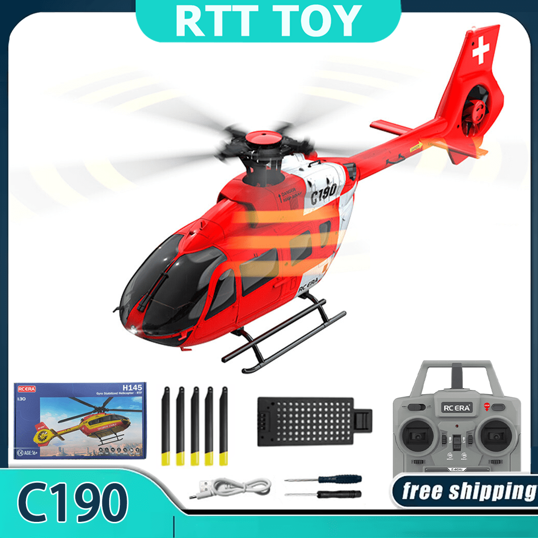 RC ERA C190 RC Helicopter with 6-Axis Gyro, 1/30 Scale H145 6CH Brushless Dual-Motor Remote Control Helicopter Model, RTF Single-Rotor Aircraft with Altitude Hold & Optical Flow