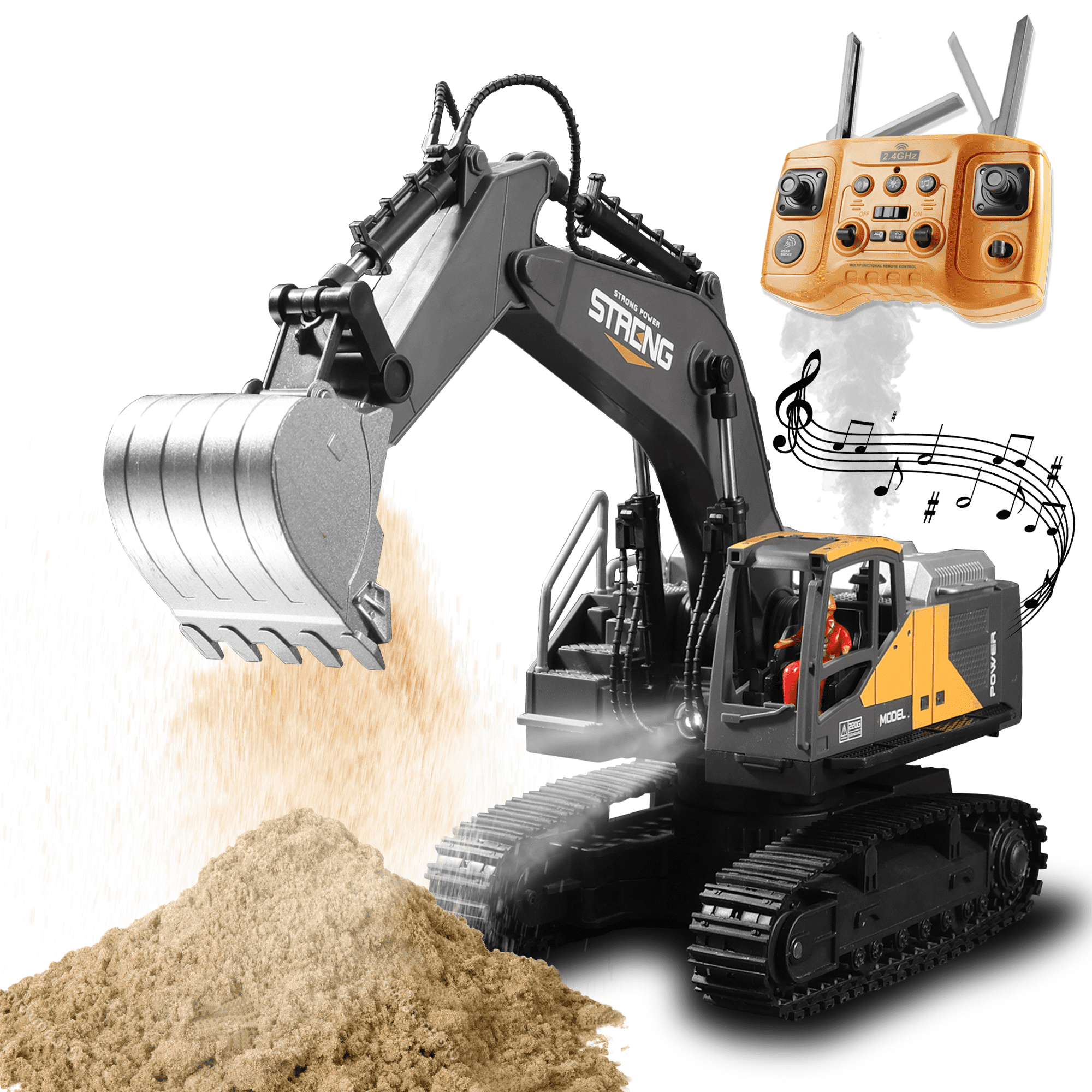 RC Excavator Toy for Boys, 16 Ch, 680 Degree, Simulate Smoke and Lighting, Remote Control Car Toys for Children, Christmas Gifts,2 Batteries