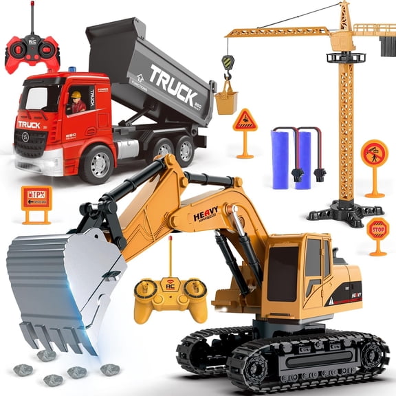 Remote Control Excavator Transporter Playset, RC Dump Truck with Crane, Electronic Construction Vehicles Toy for Boys Kids
