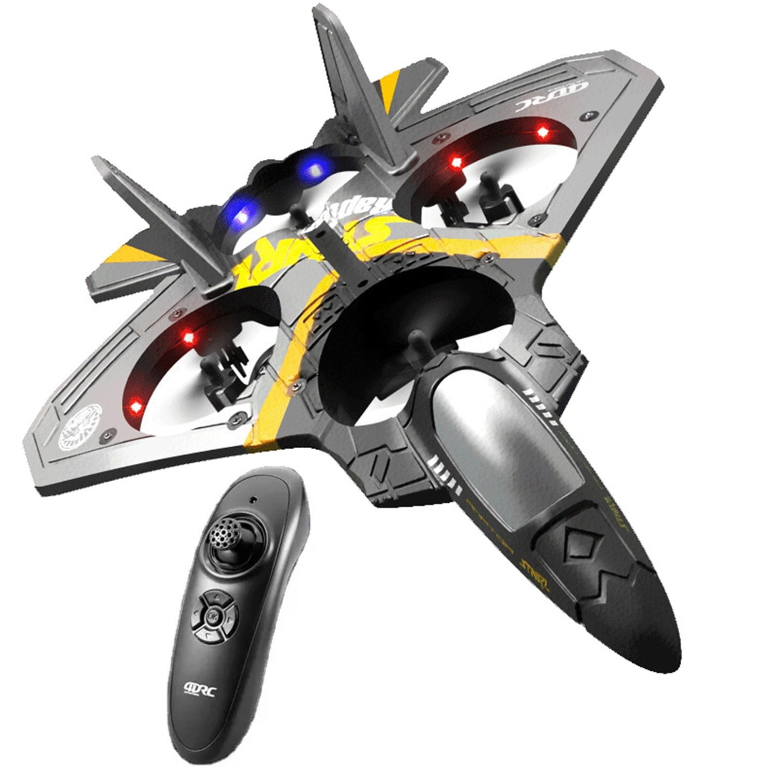 RC Fighter Jet Toy, Foam Drone Glider, Silver Remote Control Plane - 4-Rotor with LED Lights, Includes 1 Battery, 1 Remote, Charging Cable, 4 Spare Propellers - For Kids, Teens, Boys, Girls, Indoor O