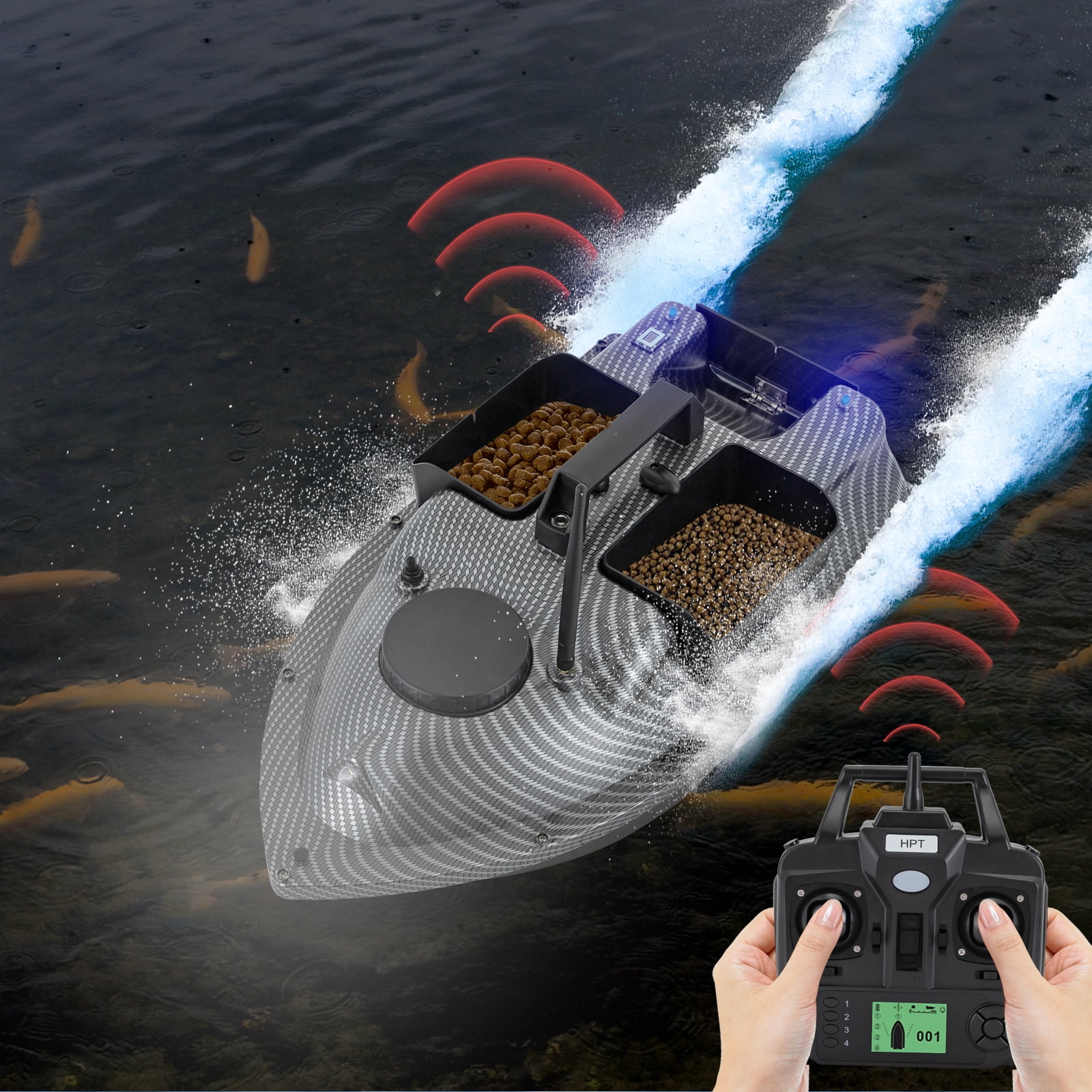 RC Fishing Bait Boat with Dual Motors, GPS Positioning, 4-Hour Continuous Sailing, 3 Compartment Bait Storage, Waterproof Design