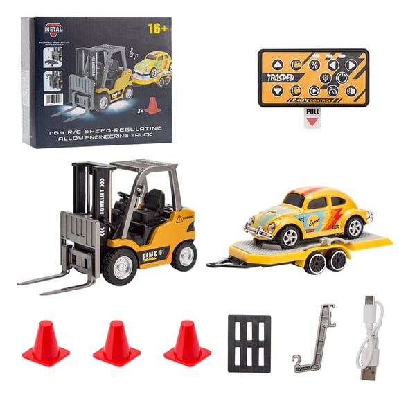 RC Forklift Truck Model, 1/64 Scale 2.4G Mini Alloy RC Forklift with Wireless Controller, Cargo Hook, Forks and Pallet