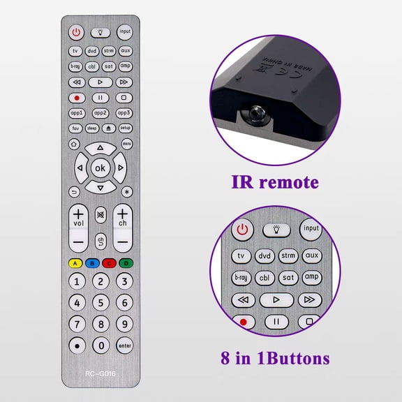 RC‑G016 8‑in‑1 Universal Remote Control, Compatible with TV, Sound Bar, Home Theater, DVD Blu‑ray Player, Cable Satellite and Streaming Media Players