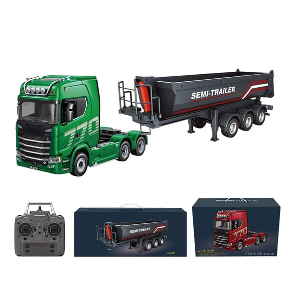 RC Heavy Duty Tractor Truck - 1/18 Scale 6x4 2.4G 770S RC Semi Trailer with Rear Wheel Drive, Sound and Lights Effects, Collectible Model for Adult