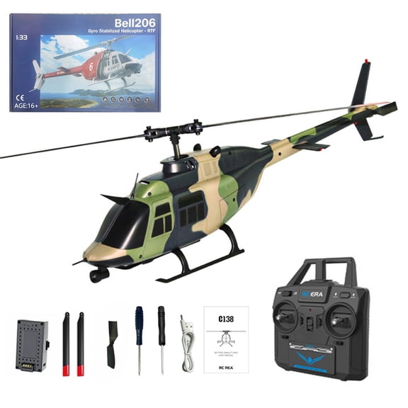 RC Helicopter, C138 1:33 Scale Bell 206 2.4G 6CH Single-propeller Flybarless Altitude Hold RC Aircraft Model with Gyroscope & Optical Flow Positioning, Gift for Adults (RTF Version/Camo)
