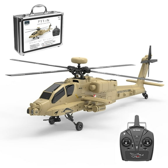 RC Helicopter, F11-N AH64 1:32 Scale 2.4G 6CH  Coaxial Dual Rotor Apache RC Aircraft Model with 6G/3D Stunt Mode and Optical Flow & Altitude Hold, Gift for Adult (RTF/Desert Yellow)