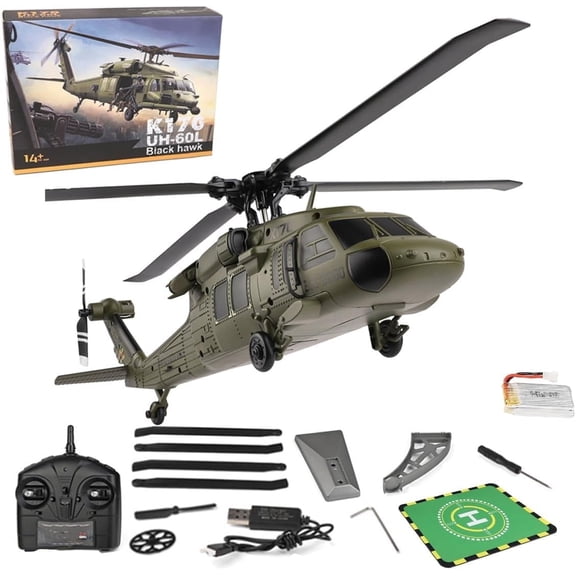 RC Helicopter Model K170, Black Hawk UH-60L 170 Size 4CH Flybarless Helicopter with Adjustable Left and Right Hand Throttle (RTF Version)