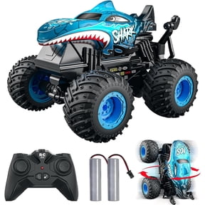 RC Monster Truck 2.4GHz High-Speed RC Car, All Terrain Shark Design with Light & Music, 360 Stunt, 2 Rechargeable Batteries (50+ Mins) Blue