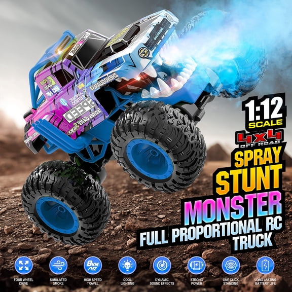 RC Monster Truck for Kids 6-12, 1:12 Scale 4WD Remote Control Car with Spray Smoke, LED Lights & Sound, Full Proportional Control, Stunt RC Car with 360 Spins, Rechargeable Off Road Toy Gift