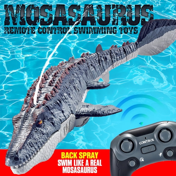 RC Mosasaurus Swimming Toy for Kids, RC Boat , Waterproof Remote Control Dinosaur with Spray Water, Dual Motors, Realistic Moving Tail