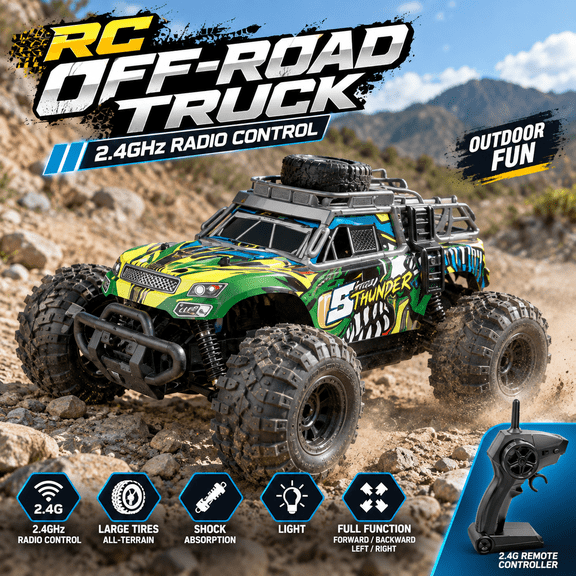 RC Off-Road Truck Thunder 1:16 Scale 2.4GHz All-Terrain with Shock Absorption and Large Tires