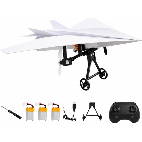 RC Paper Airplane DIY Kit – Electric Remote Control Plane with Gyro Stabilizer – Dual Propellers Lightweight Glider Tool for Hobbyists and Beginner Flyers (3 Batteries)