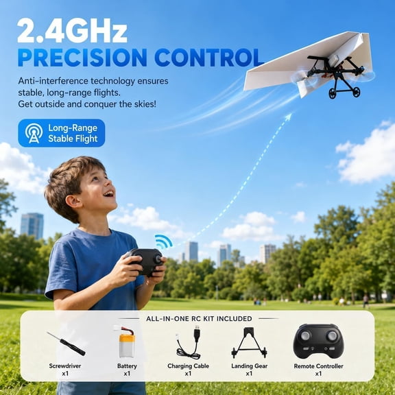 RC Paper Airplane Kit – DIY Electric Motor Module with Dual Propellers – Transform Paper into Remote Control Glider – Lightweight Foldable Stem Toy (1 Battery)