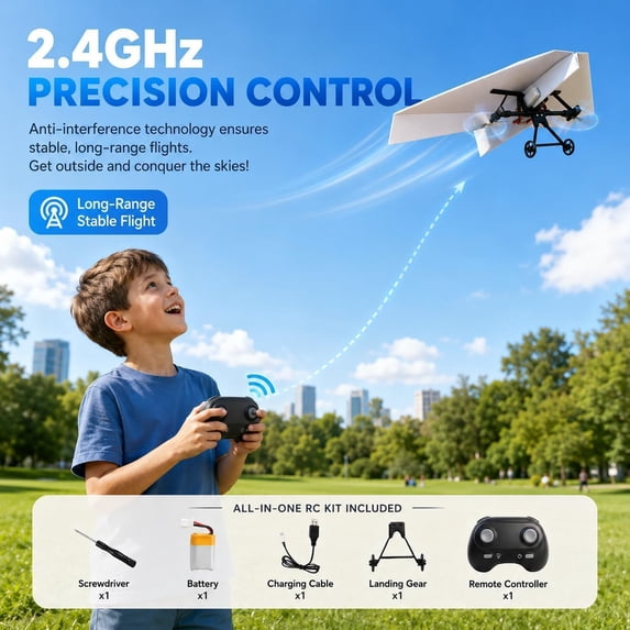 RC Paper Airplane Kit – DIY Electric Motor Module with Dual Propellers – Transform Paper into Remote Control Glider – Lightweight Foldable Stem Toy (1 Battery)