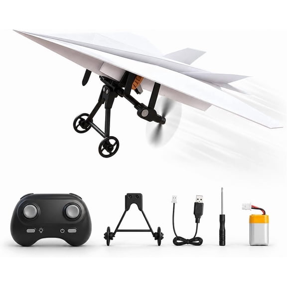 RC Paper Airplane Kit, DIY Electric Paper Airplane Motor with Gyro Stabilizer, 2.4GHz Remote Control Foldable Micro Fixed Wing Drone STEM Toy (1 Battery)