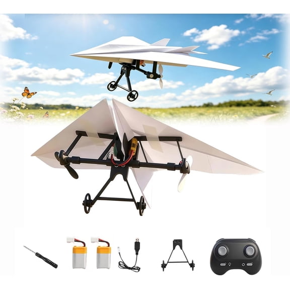 RC Paper Airplane Kit, DIY Electric Remote Control Plane with Gyro Stabilizer and Dual Propellers, 2.4GHz Foldable Fixed Wing Glider Conversion Kit for Beginners and Hobbyists (Two)