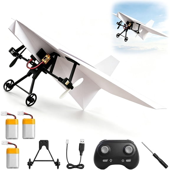 RC Paper Airplane Kit, DIY Electric Remote Control Plane with Gyro Stabilizer & Dual Propellers, Lightweight Foldable Flying STEM Toy Micro Fixed Wing Drone