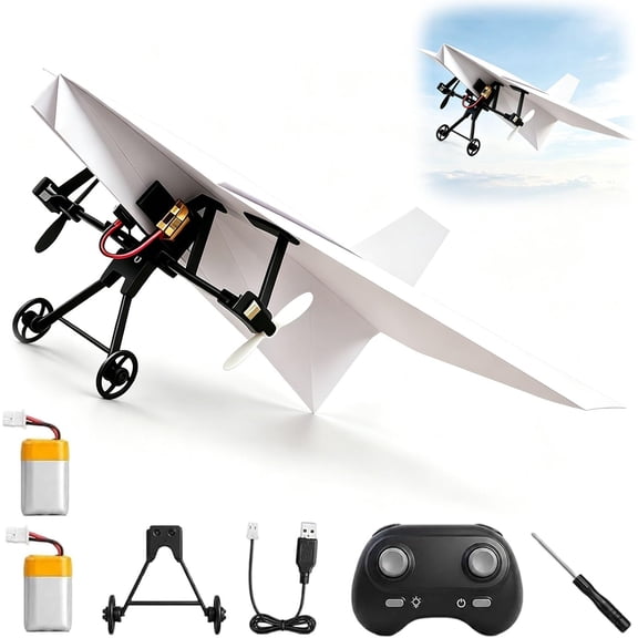 RC Paper Airplane Kit, DIY Electric Remote Control Plane with Gyro Stabilizer & Dual Propellers, Lightweight Foldable Flying STEM Toy Micro Fixed Wing Drone