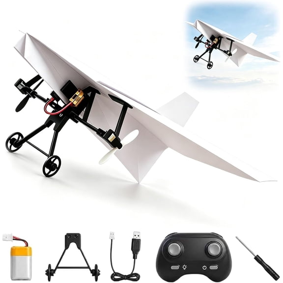 RC Paper Airplane Kit, DIY Electric Remote Control Plane with Gyro Stabilizer & Dual Propellers, Lightweight Foldable Flying Toy Micro Fixed Wing Drone (One Batteries)