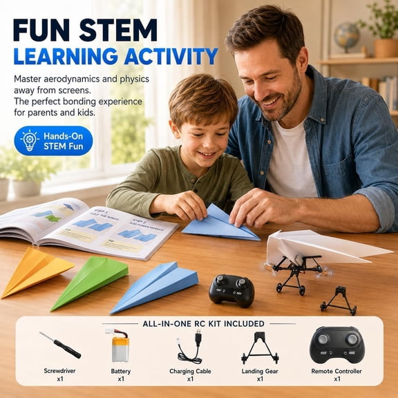 RC Paper Airplane Kit – Electric Power Module with Dual Propellers – Clip On Motor for Paper Plane – 2.4GHz Remote Control – DIY STEM Flying Toy (1 Battery)
