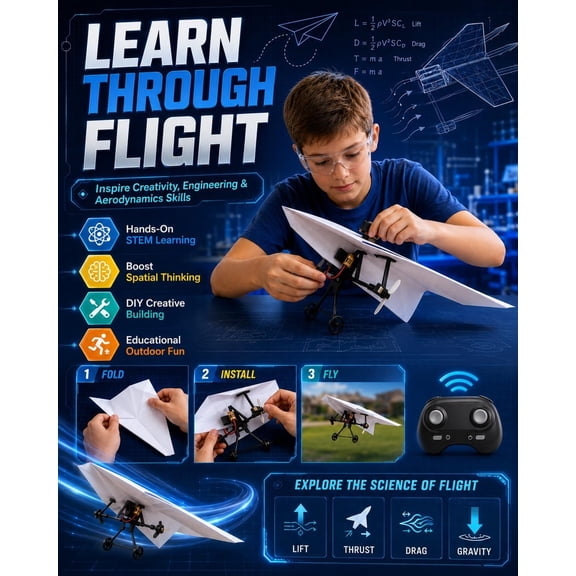 RC Paper Airplane Kit with Gyro Stabilizer – DIY Drone Paper Airplane Motor – Electric Remote Control Plane with Dual Propellers – Lightweight Foldable Flying Stem Toy (1 Battery)