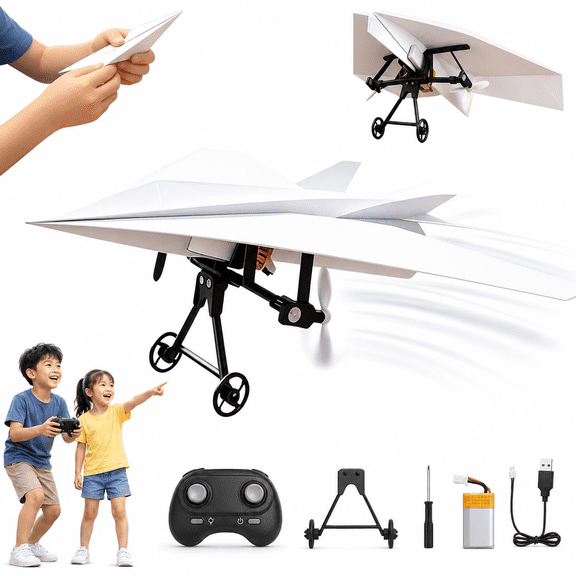 RC Paper Airplane Kit with Gyro Stabilizer - DIY Electric Remote Control Plane with Dual Propellers,2.4GHz Motorized Flying STEM Toy,Lightweight Gliders Gifts for Hobbyists & Beginner Flyers