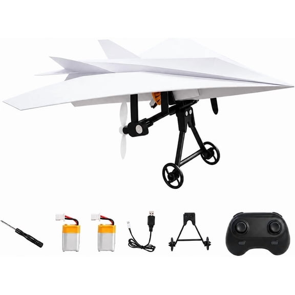 RC Paper Airplane Kit – Gyro Stabilizer Electric Motor for Paper Plane – 2.4GHz Remote Control – DIY Foldable Flying Toy for Backyard Outdoor Fun (2 Batteries)