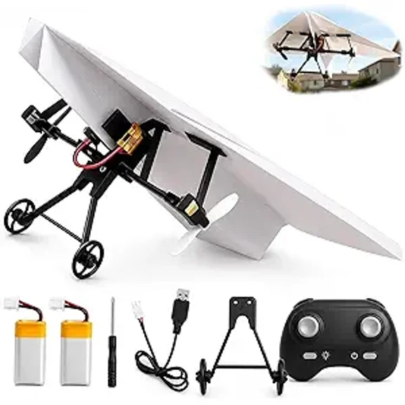 RC Paper Airplane Kit with Gyro Stabilizer, DIY Electric Remote Control Plane Dual Propellers, Lightweight Foldable Flying Toy(Dual Battery)