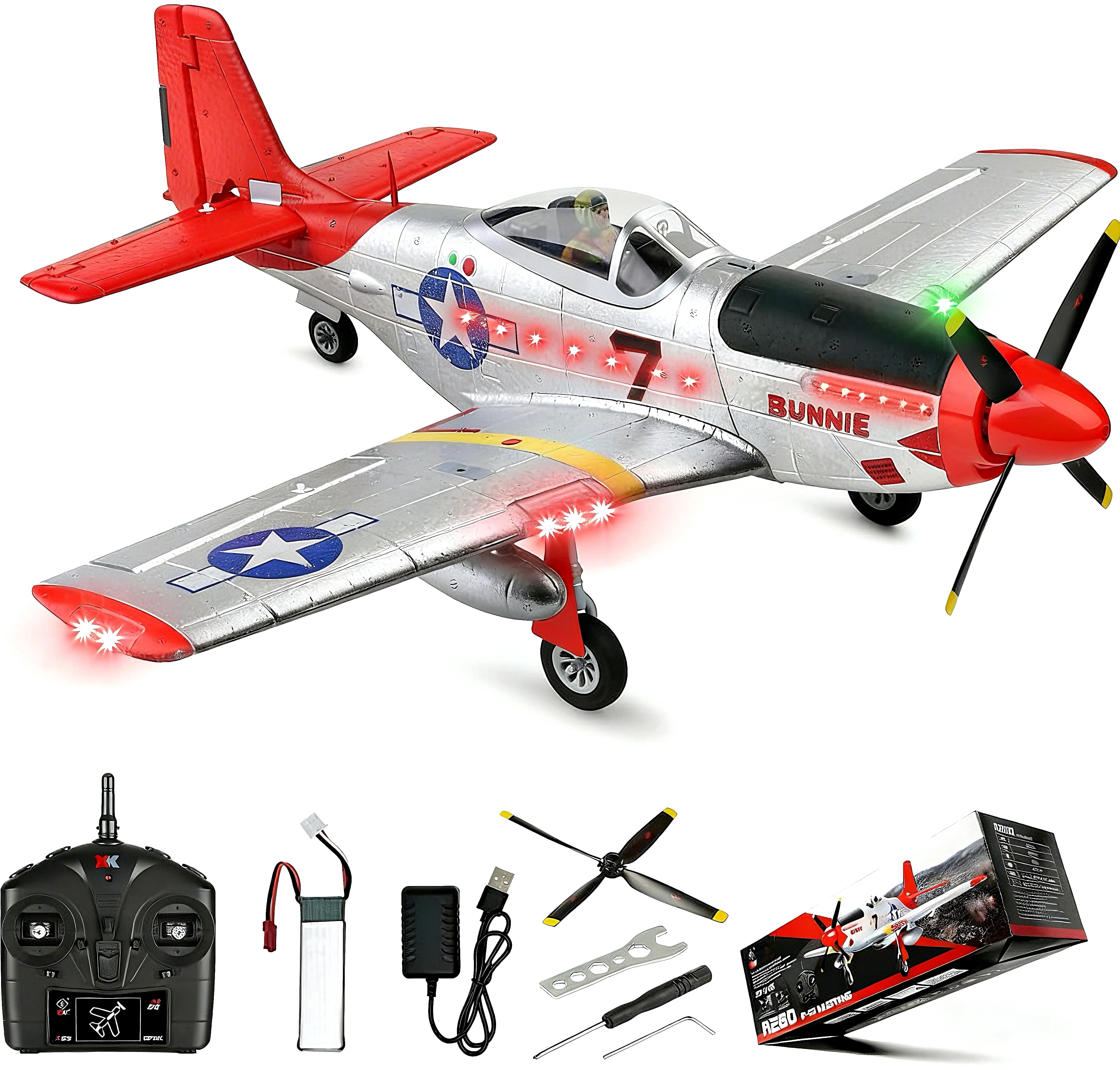 Bruce&Shark RC Plane, 2.4GHz 4 Channel Brushless Remote Control Jet Airplane for Adults, WLtoys RC Aircraft Fighter with 6-Axis Gyro, LED Searchlight, Easy to Fly for Boys and Girls