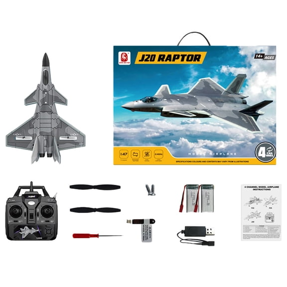 RC Plane 4 Channel J20 Stealth Fighter RC Jet with LED Lights, 2.4GHz Remote Control Airplane for Adults, Dual-Motor Glider with 6G/3D Stunt Modes, Optional 1080P Camera (with 2 Battery)