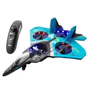 RC Plane Fighter Jet Glider RC Aircraft Foam Drone Toy Blue - 1 Battery 1 Remote 1 Charging Cable 4 Spare Propellers Included Four-Rotor Stunt Design Foam Build LED Lights Easy to Operate - For Kids