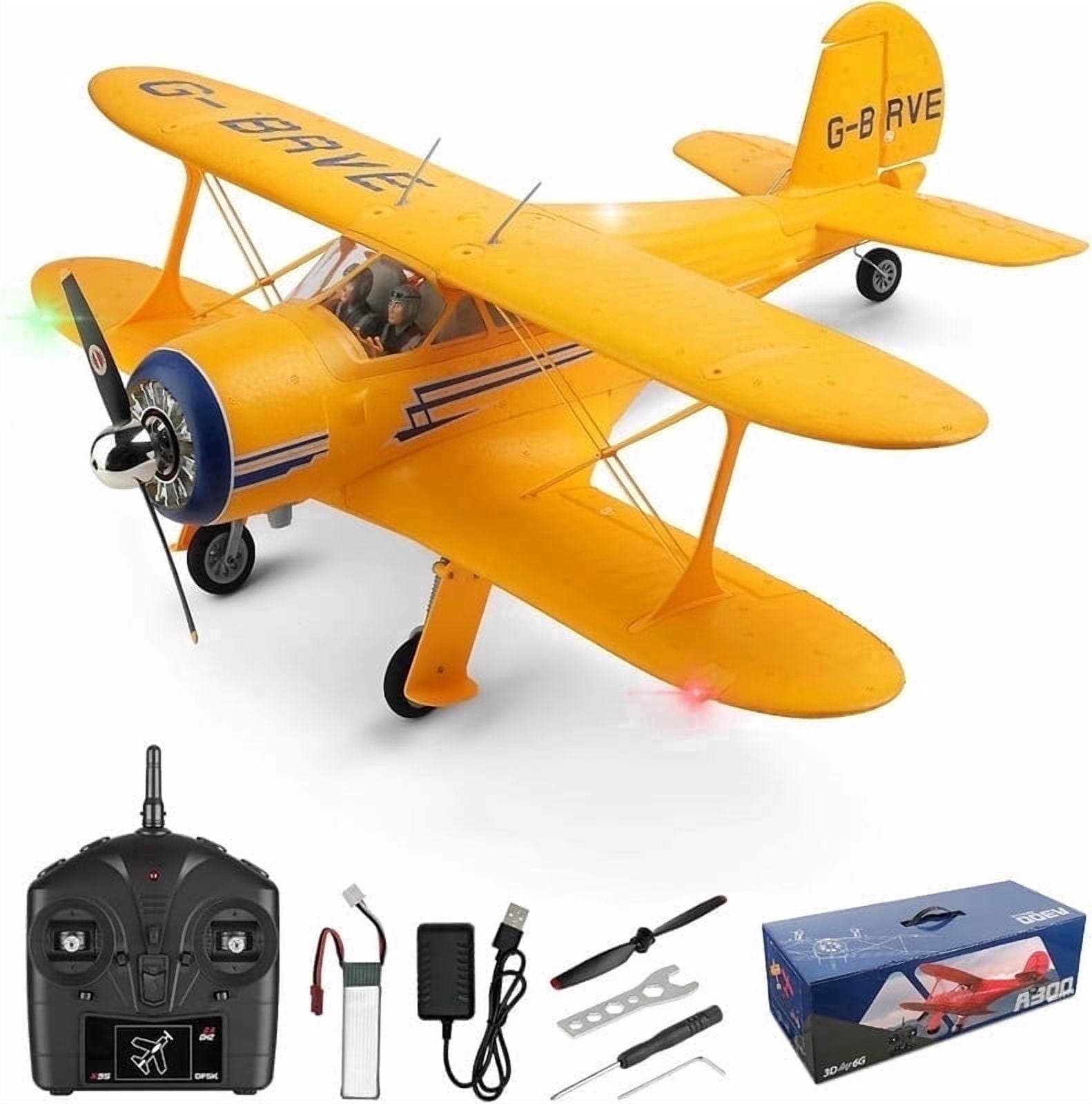 Bruce&Shark RC Plane WLtoys A300 4-Ch, Beechcraft D-17 RC Airplanes with Lights, 6G/3D Brushless RC Planes with 2 Batteries, 2.4G Remote Control RC Airplanes Gifts for Adults