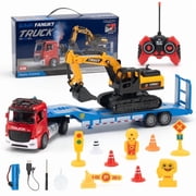 RC Semi Trailer Truck & Excavator Toy Set, 124 Scale 6-Channel Remote Control Flatbed Truck with Lights & Sounds, Friction Powered Excavator for Kids