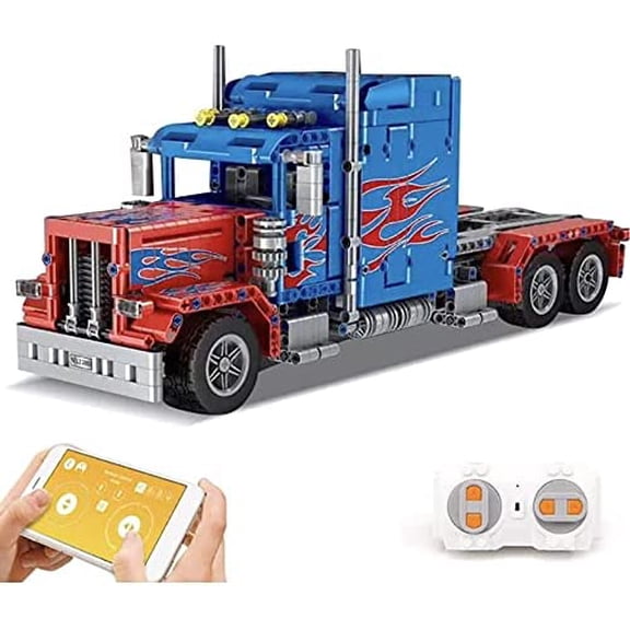RC Semi Truck Building Blocks Set, Remote and App Controlled Model with Opening Doors, Extendable Bed, Dual Axles, Flame Design, 839 Pieces, 1:20 Scale