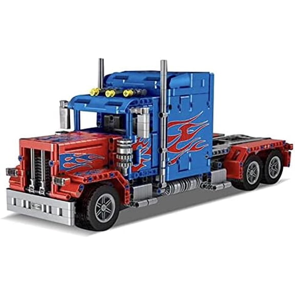 RC Semi Truck Building Blocks Set, Remote and App Controlled Model with Opening Doors, Extendable Bed, Dual Axles, Flame Design, 839 Pieces, 1:20 Scale
