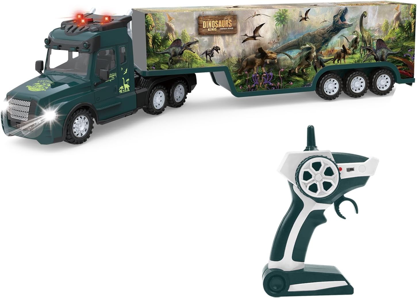RC Semi Truck with Trailer, 2.4Ghz Dinosaur Container Truck with LED Lights & Music, Carrier Van Transport Vehicle with 2 Rechargeable Batteries Toy Gift for Kids 6+