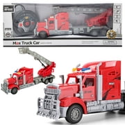 RC Semi Truck and Trailer with Extendable and Rotatable Crane and Basket Kids 1:15 Scale Big Rig RC Fire Truck with Lights and Sounds for Boys Girls