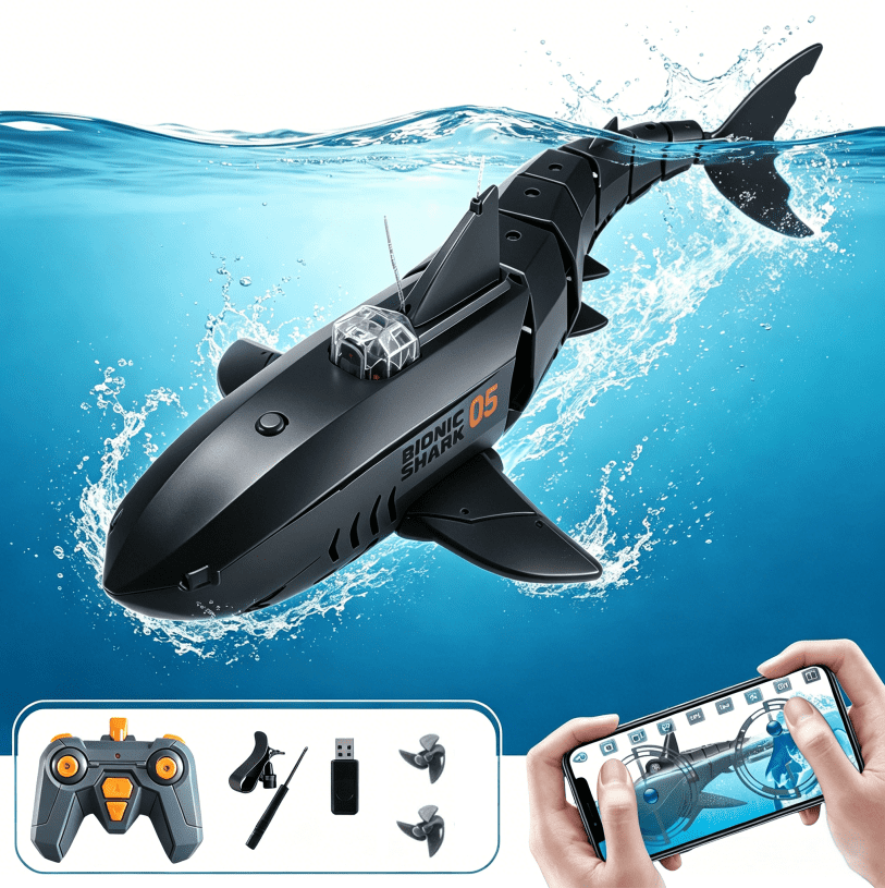 RC Shark with HD Underwater Camera, 360° Flexible Rotation Electric Shark Fish, 2.4G Remote & APP Controlled, RC Boat for Pool Lake Outdoor Swimming, Black