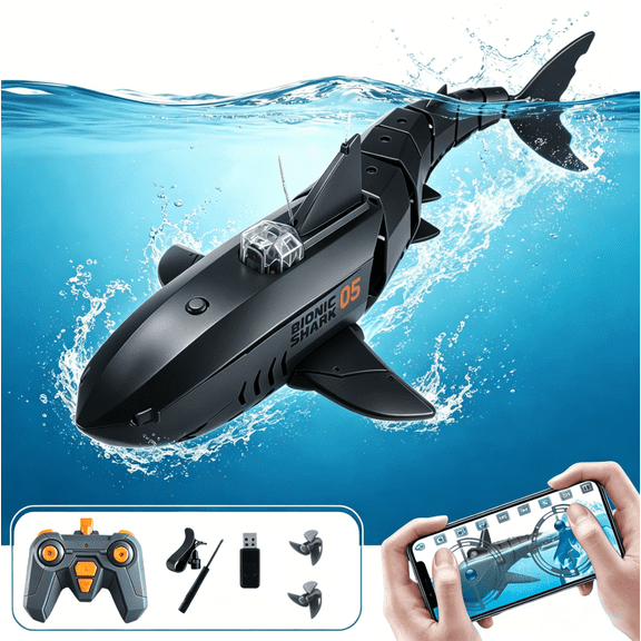 RC Shark with HD Underwater Camera, 360° Flexible Rotation Electric Shark Fish, 2.4G Remote & APP Controlled, RC Boat for Pool Lake Outdoor Swimming, Black