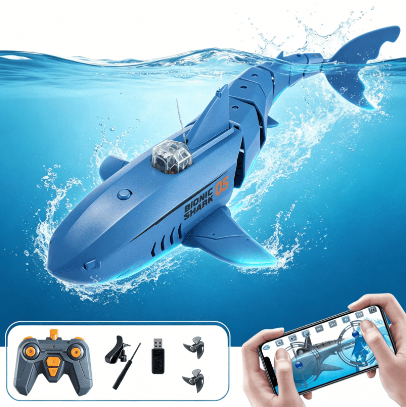 RC Shark with HD Underwater Camera, 360° Flexible Rotation Electric Shark Fish, 2.4G Remote & APP Controlled, RC Boat for Pool Lake Outdoor Swimming, Blue
