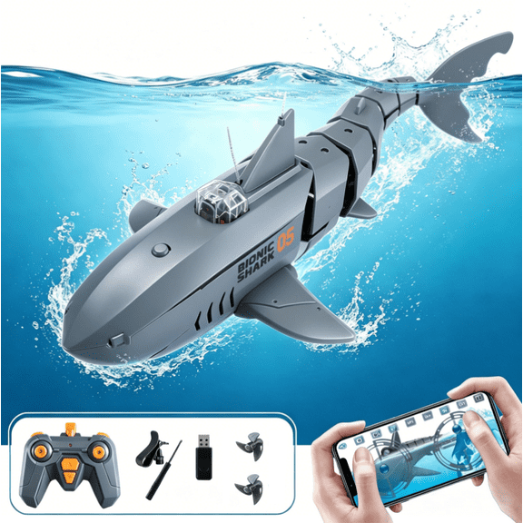 RC Shark with HD Underwater Camera, 360° Flexible Rotation Electric Shark Fish, 2.4G Remote & APP Controlled, RC Boat for Pool Lake Outdoor Swimming, Gray